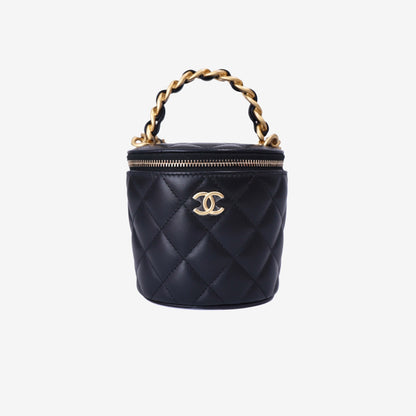 Chanel Bucket Bag in Black Calfskin Leather with Gold Hardware front view