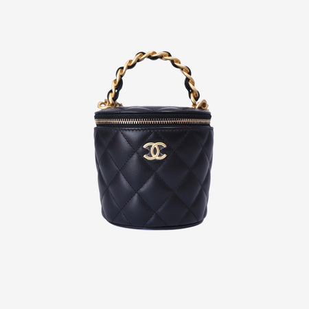 Chanel Bucket Bag in Black Calfskin Leather with Gold Hardware front view