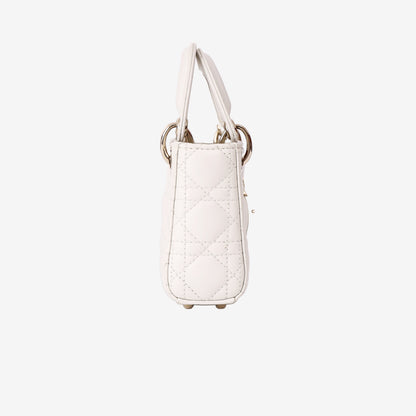 Christian Dior Mini Lady Dior Handbag in White Lambskin with Gold Hardware
