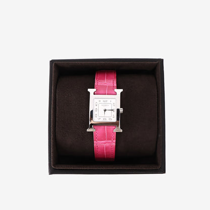 Hermès Heure H Watch in Framboise Crocodile Leather with Palladium Hardware