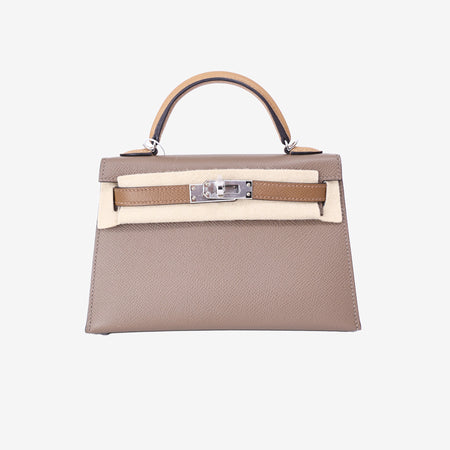 Hermès Mini Kelly 20 Etoupe/Alezan/Biscuit Epsom Leather with Palladium Hardware front view