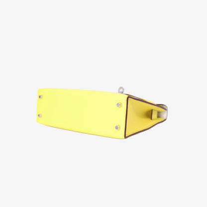 Hermès Mini Kelly 20 in Jaune Citron Chevre Mysore Leather with Palladium Hardware bottom side view