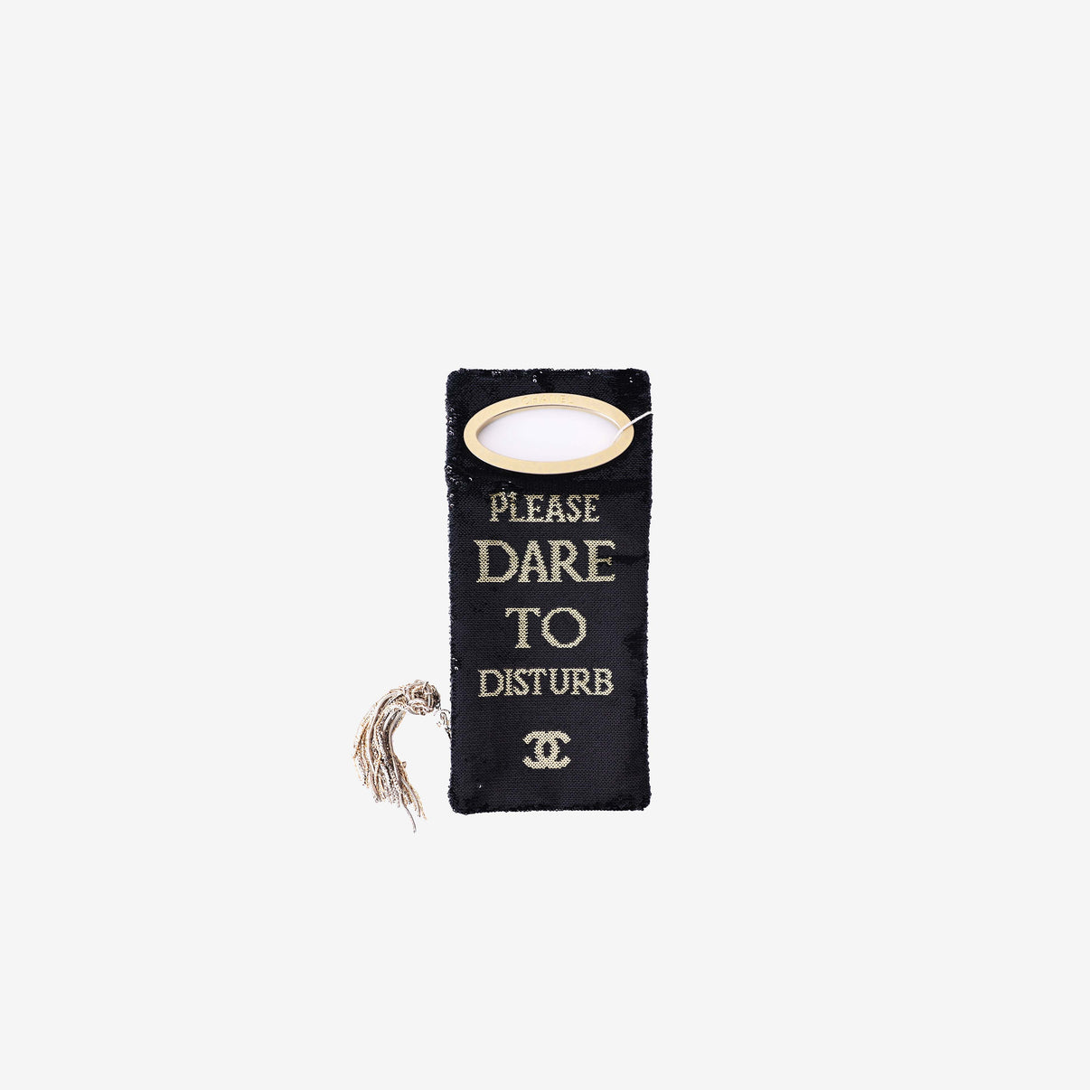 Chanel Paris-Cosmopolite “Dare to Disturb” Minaudière Clutch in Black/Gold Sequin Embellished Fabric with Gold Hardware front view