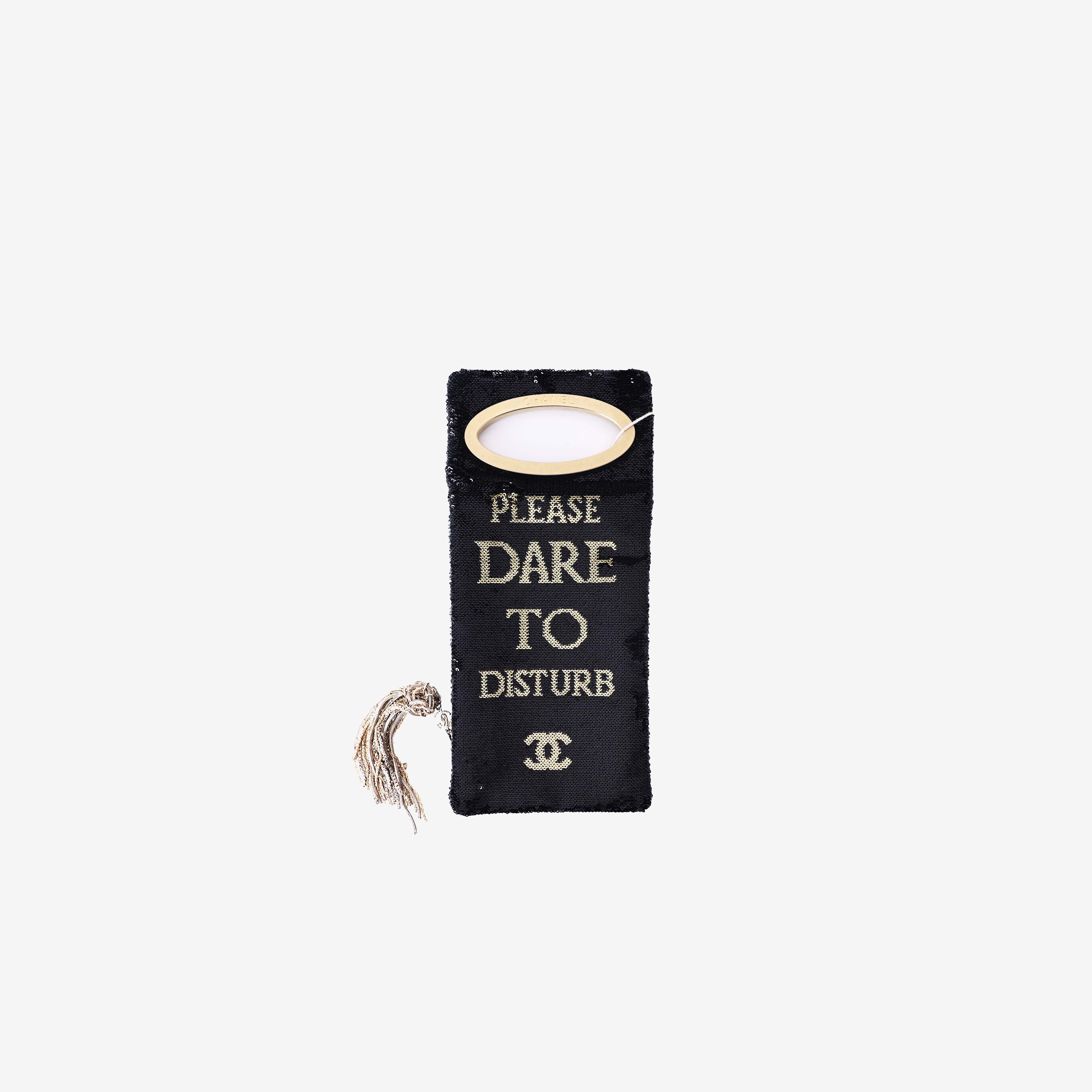 Chanel Paris-Cosmopolite “Dare to Disturb” Minaudière Clutch in Black/Gold Sequin Embellished Fabric with Gold Hardware front view