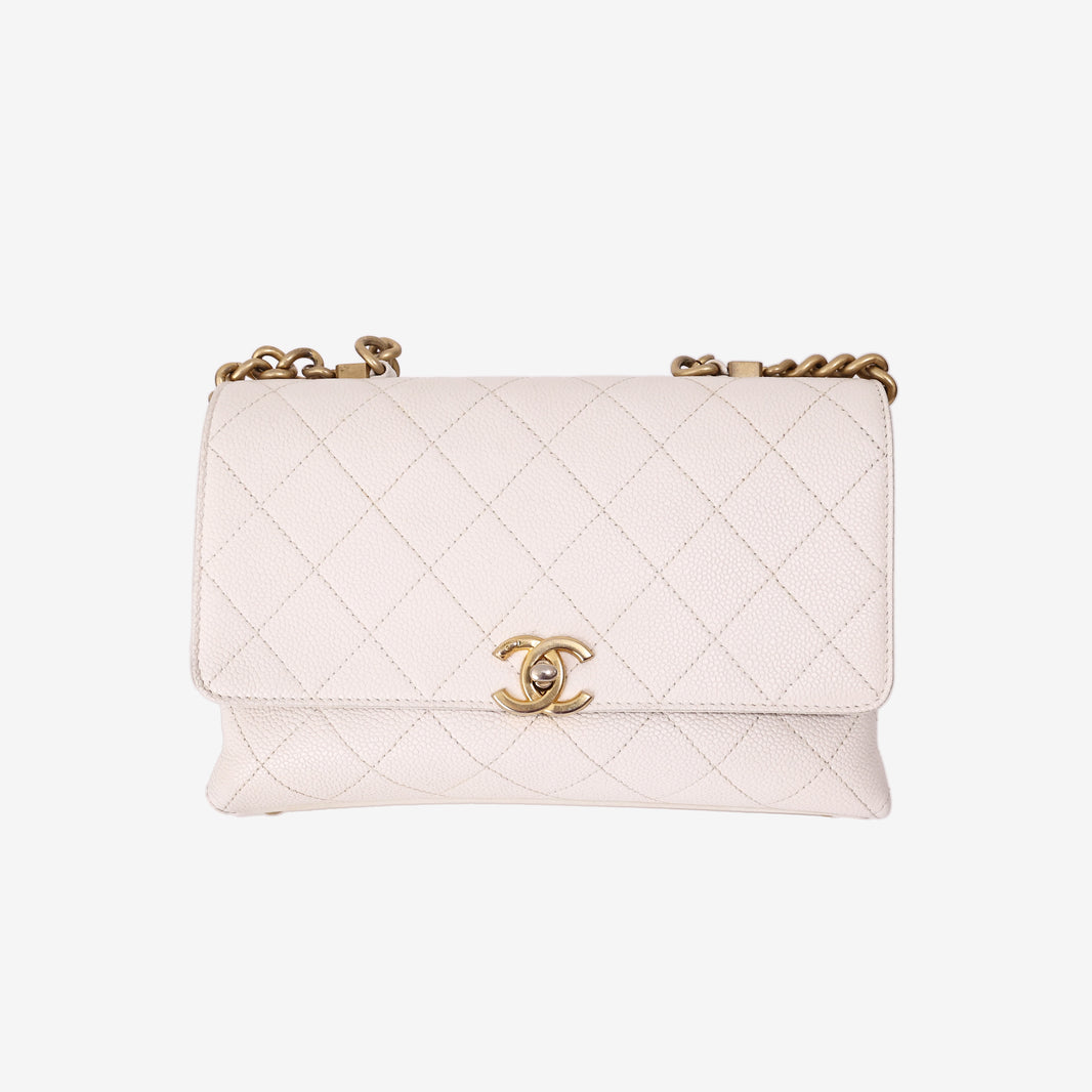 Chanel Small Stitched Flap Bag in White Grained Calfskin with Gold Hardware