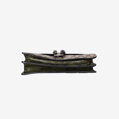 Gucci Dionysus Medium Shoulder Bag in Beige Ebony GG Supreme Canvas with Snakeskin Print and Silver Hardware