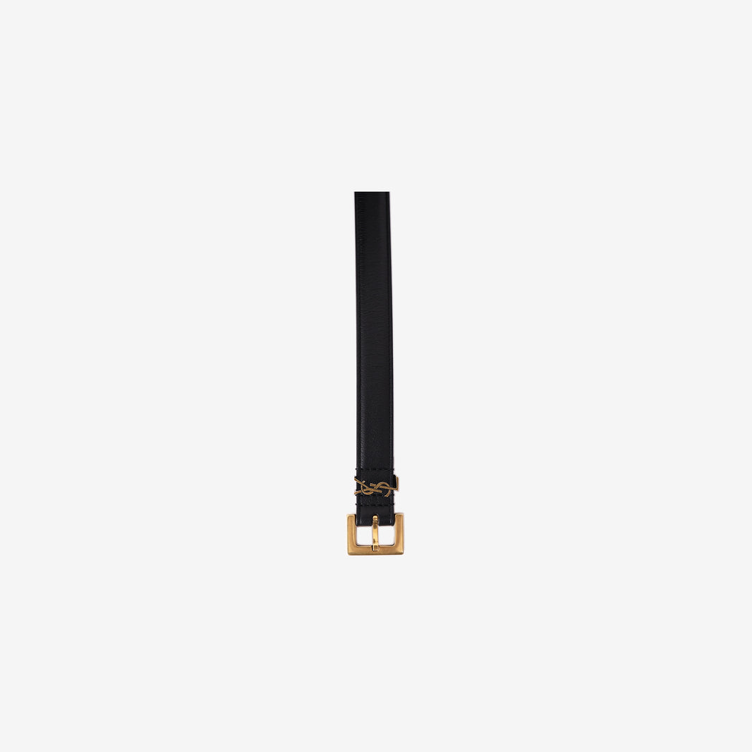 Saint Laurent Monogram Belt in Black Calf Leather with Gold Hardware