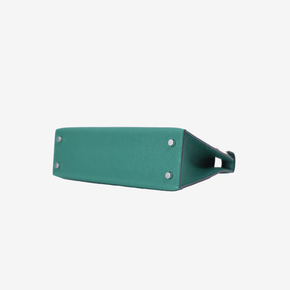 Hermès Mini Kelly 20 in Vert Moyen/Mauve Pale Epsom Leather with Palladium Hardware bottom side view