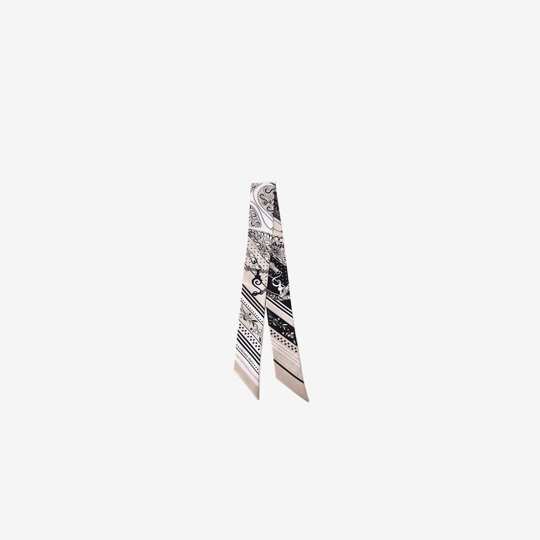 Hermès Festival des Amazones Bandana Twilly Scarf in Black/White/Beige Silk