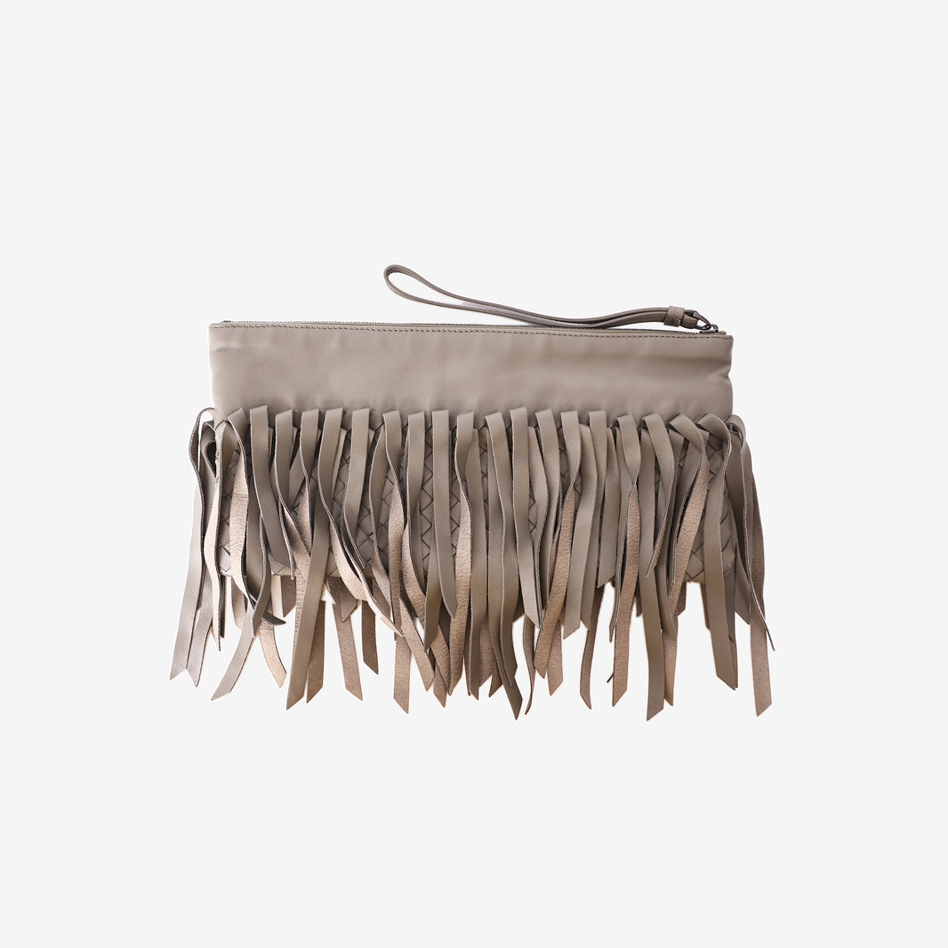 Bottega Veneta Fringe Clutch Bag in Grey Calf Leather/Suede
