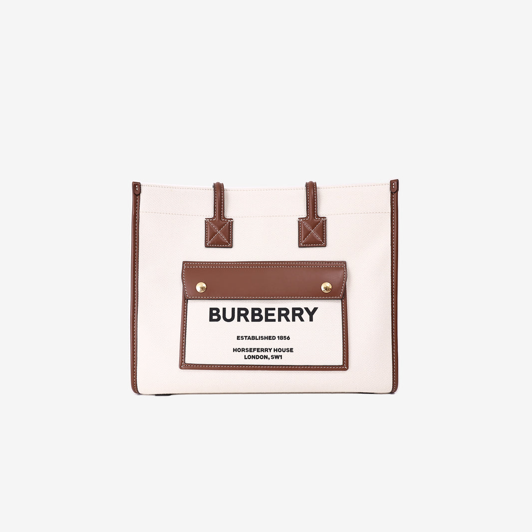 Burberry Small Freya Tote Bag in White Canvas with Brown Leather
