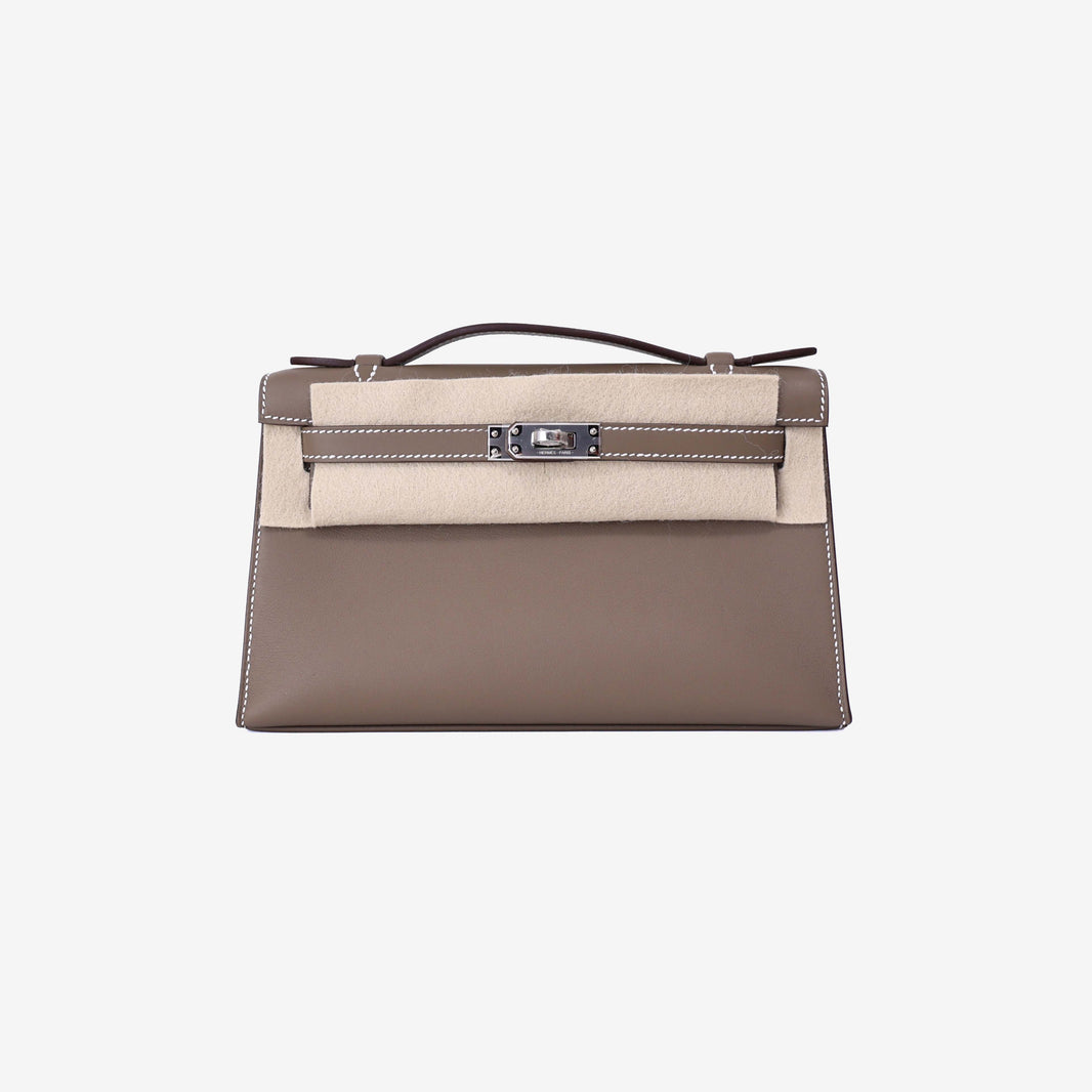 Hermès Kelly Pochette in Etoupe Swift Leather with Palladium Hardware front view