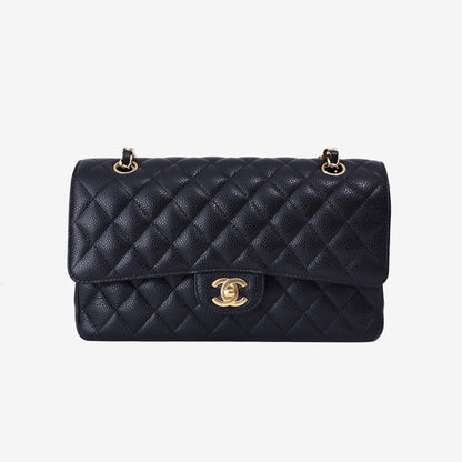 Chanel Classic Flap Bag Medium in Black Caviar Leather with Gold Hardware front view