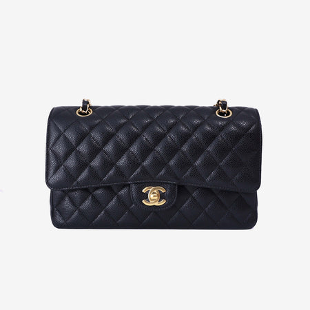 Chanel Classic Flap Bag Medium in Black Caviar Leather with Gold Hardware front view