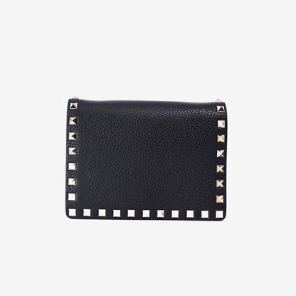 Valentino Garavani Rockstud Wallet on Chain in Black Calfskin Leather with Gold Hardware