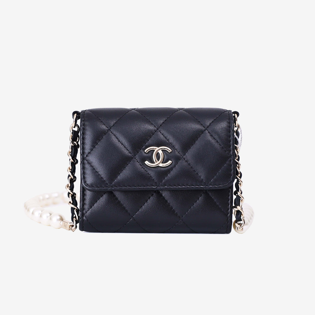 Chanel Wallet on Pearl Chain Card Holder in Black Lambskin Leather with Gold Hardware front view