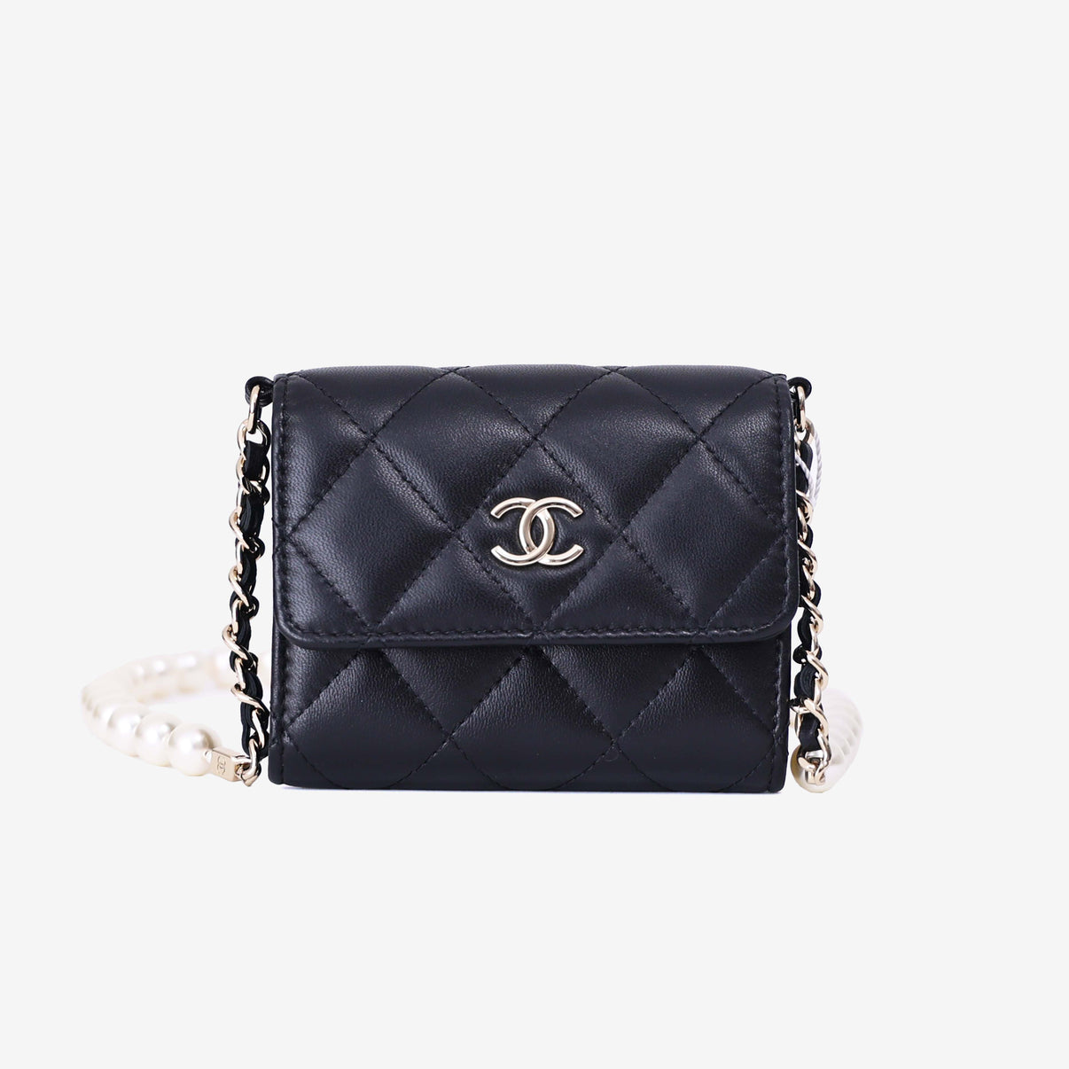 Chanel Wallet on Pearl Chain Card Holder in Black Lambskin Leather with Gold Hardware front view