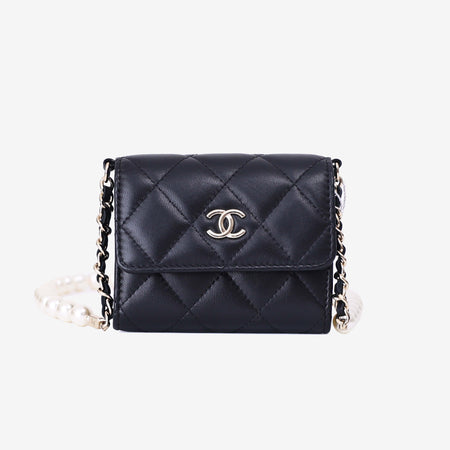 Chanel Wallet on Pearl Chain Card Holder in Black Lambskin Leather with Gold Hardware front view