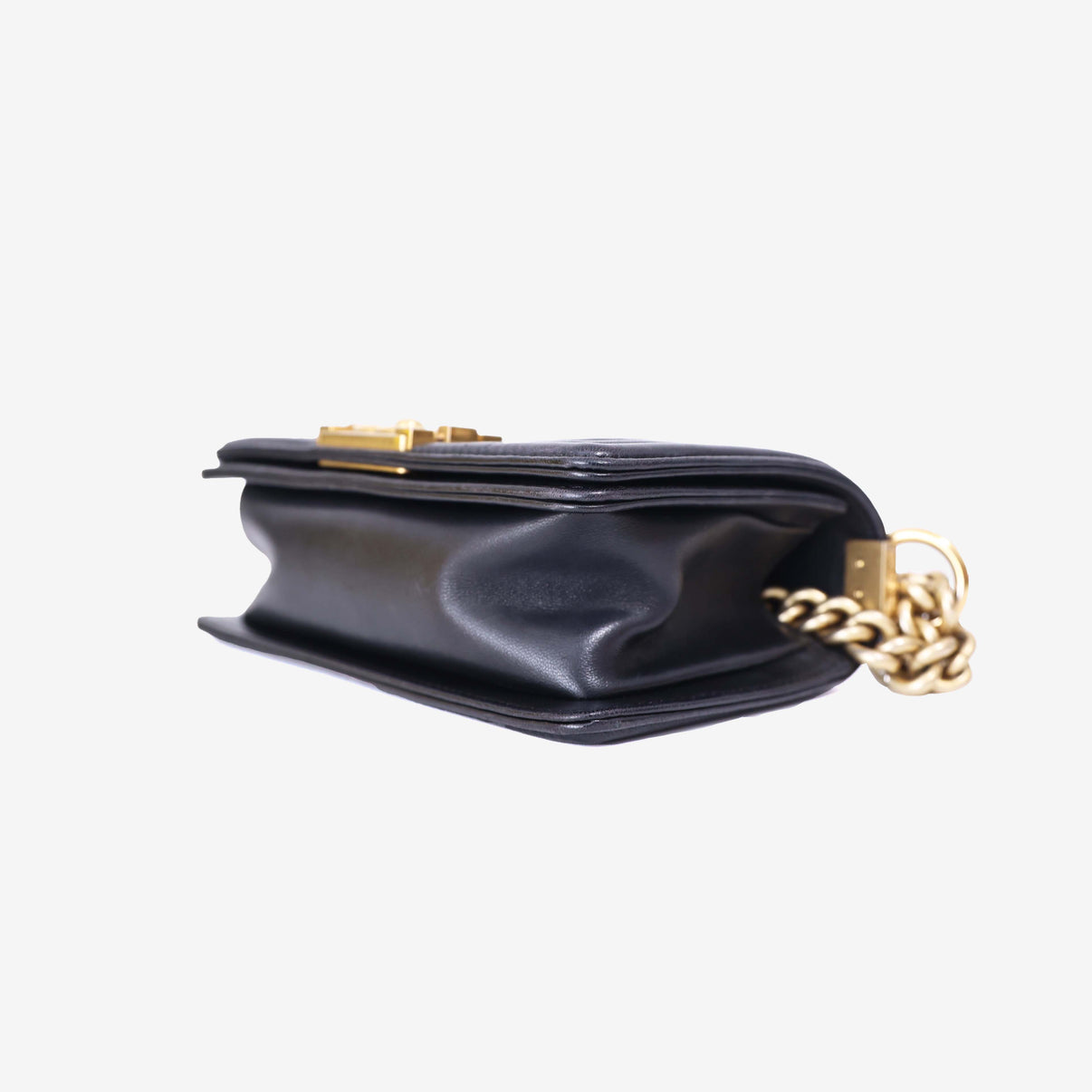 Chanel Boy Bag in Black Lambskin Leather with Gold Hardware bottom side view