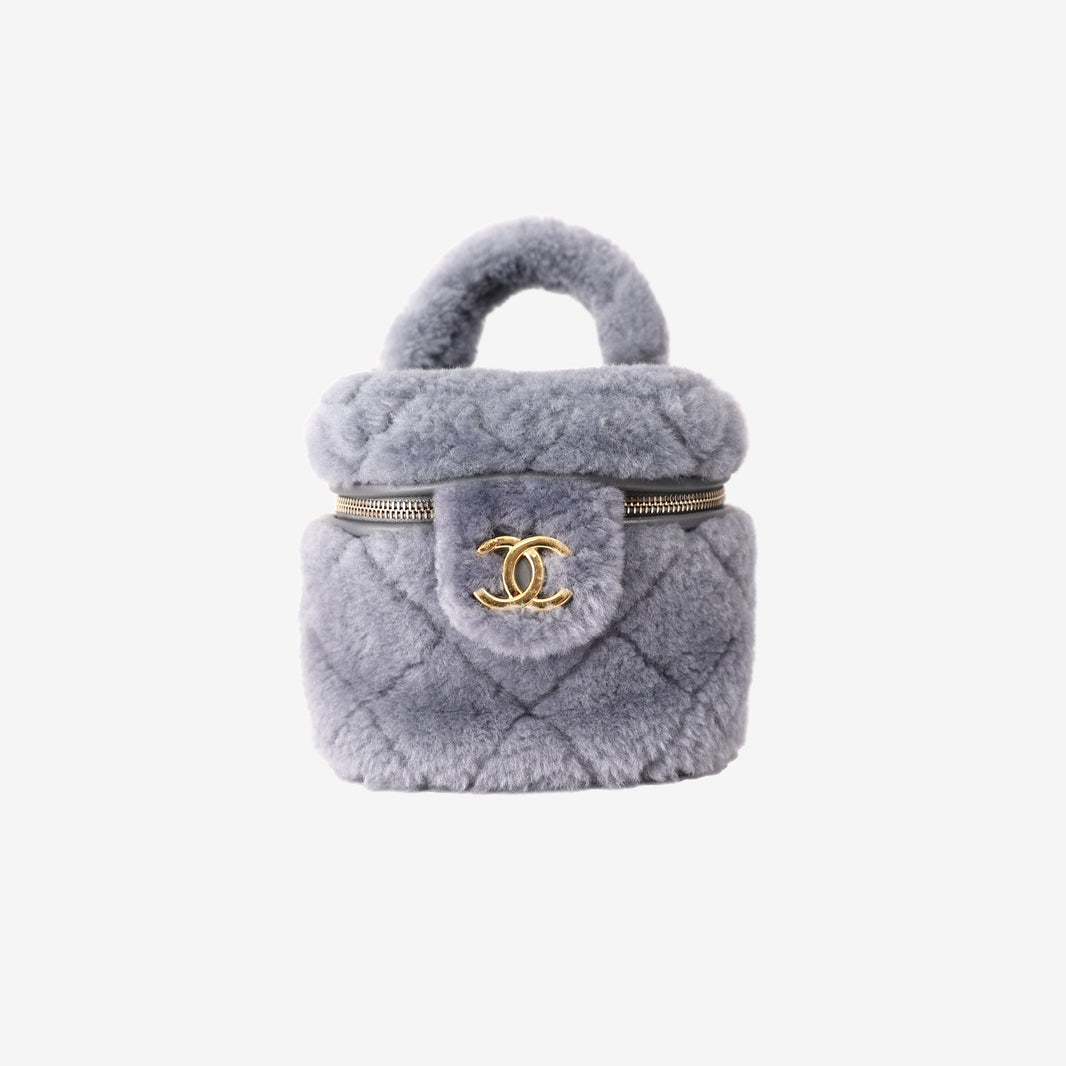 Chanel Mini Coco Handle Shearling Flap Bag in Grey Shearling/Lambskin Leather with Gold Hardware