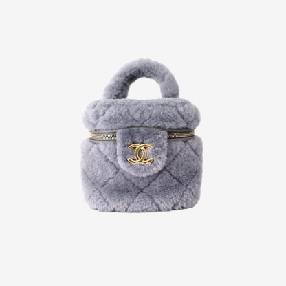 Chanel Mini Coco Handle Shearling Flap Bag in Grey Shearling/Lambskin Leather with Gold Hardware