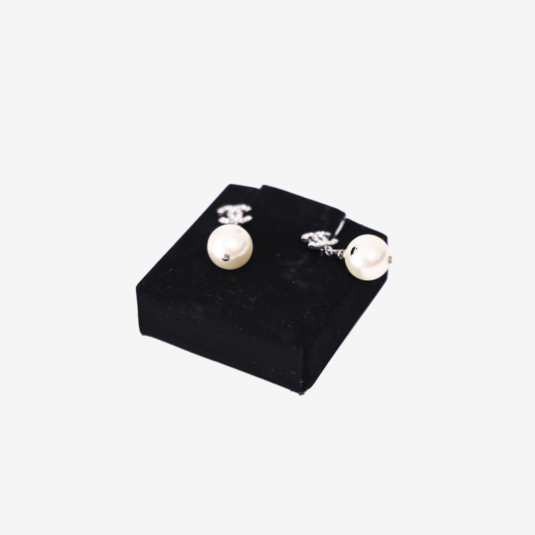 Chanel Faux Pearl Earrings in Silver-Tone Metal