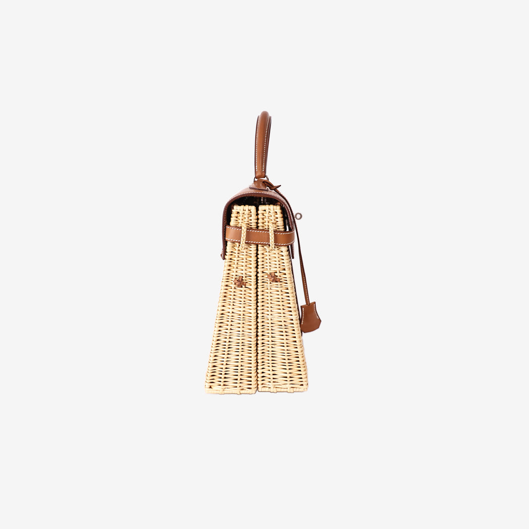 Hermès Kelly Picnic 35 in Osier Wicker and Fauve Barenia Leather with Palladium Hardware