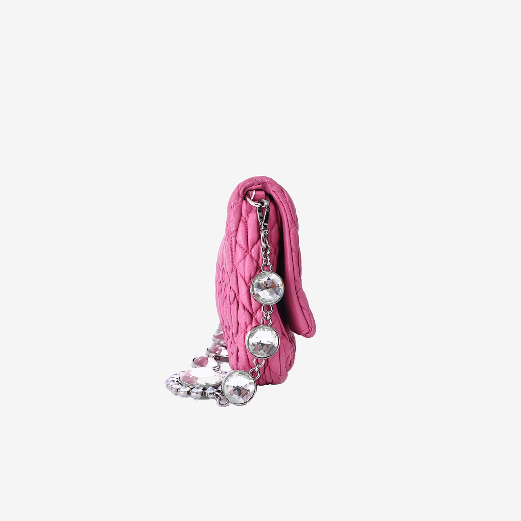 Miu Miu Crystal Shoulder Clutch Bag in Fuchsia Pink Nappa Lambskin with Silver Hardware