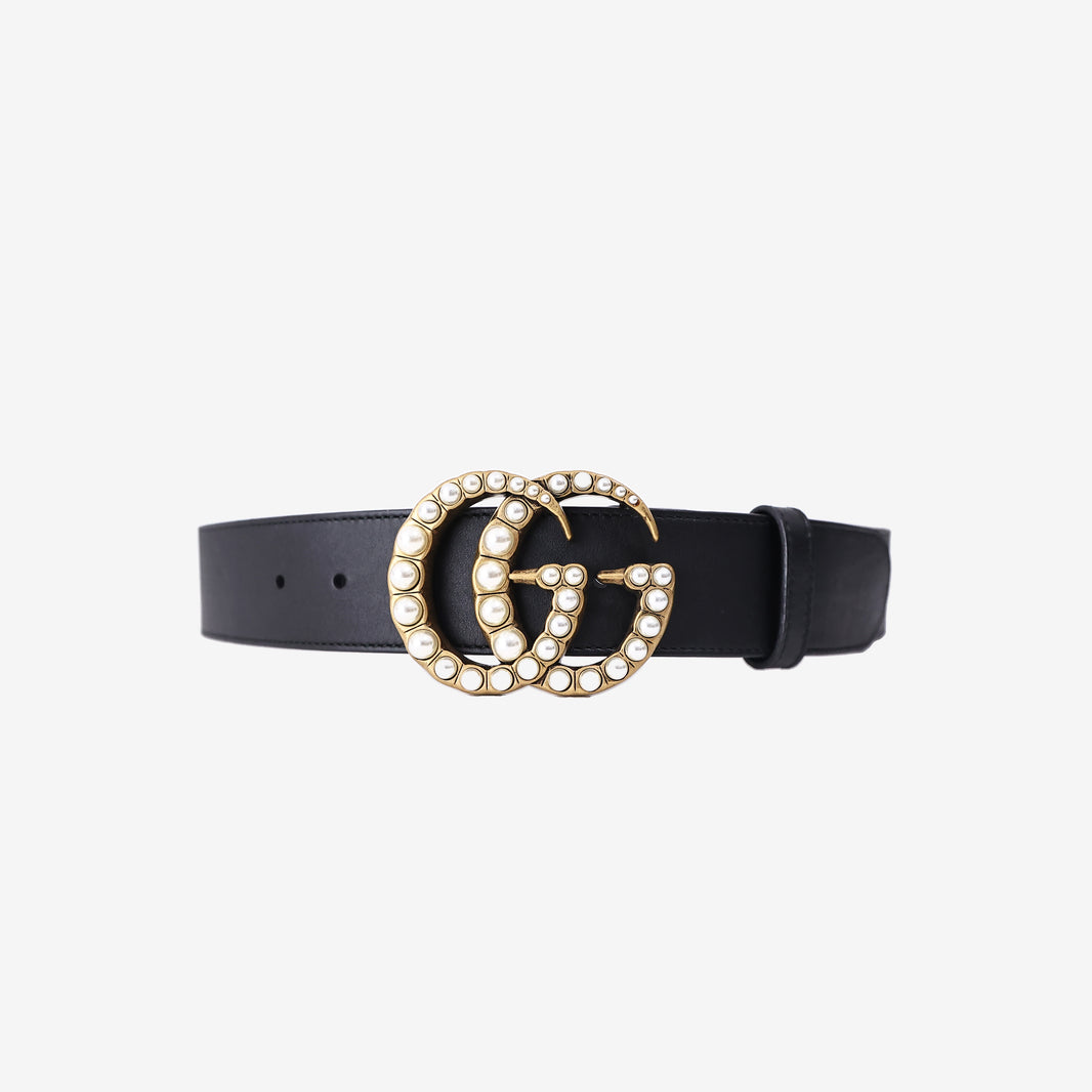 Gucci Marmont Belt in Black Calfskin Leather with Faux Pearl Detailing (Size 80)