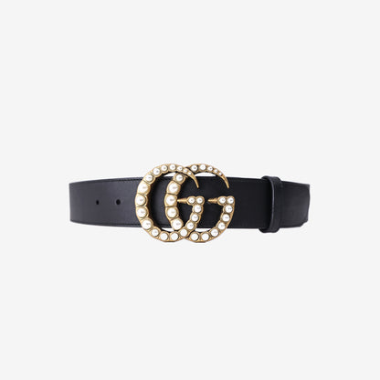 Gucci Marmont Belt in Black Calfskin Leather with Faux Pearl Detailing (Size 80)