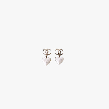 Chanel 22C Heart Pearl CC Logo Dangle Drop Earrings with Light Gold Hardware
