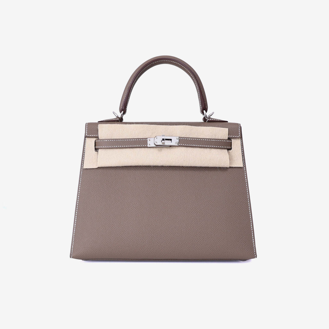 Hermès Kelly 25 in Etoupe Epsom Leather with Palladium Hardware front view