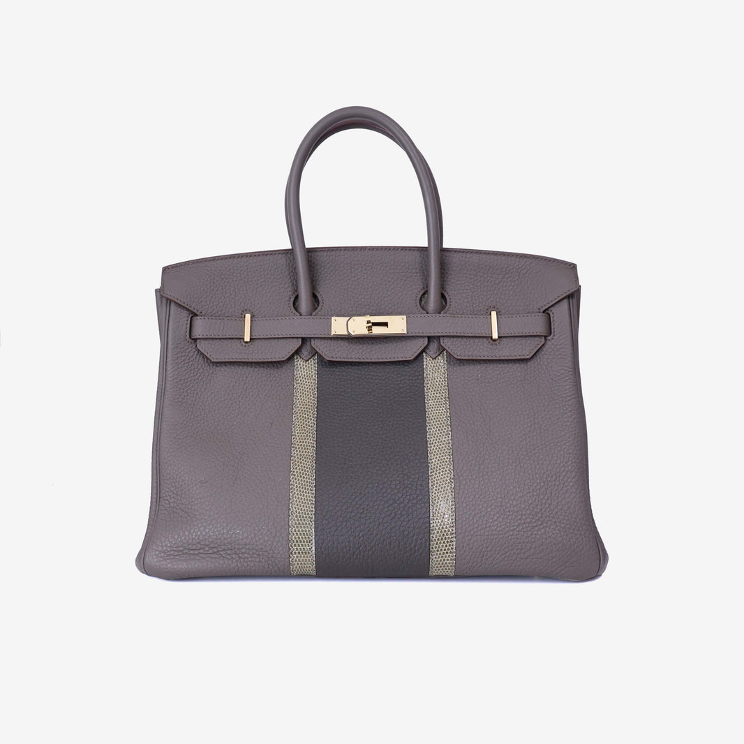 Hermès Birkin 35 in Grey Togo Leather with Lizard Stripes with Gold Hardware front view