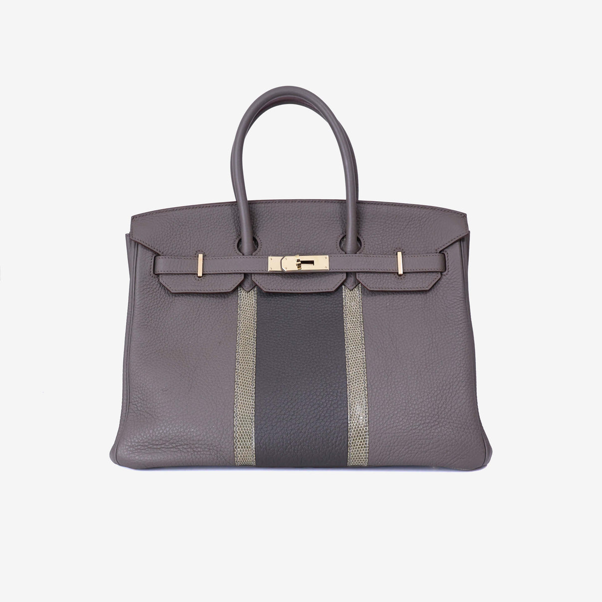 Hermès Birkin 35 in Grey Togo Leather with Lizard Stripes with Gold Hardware front view