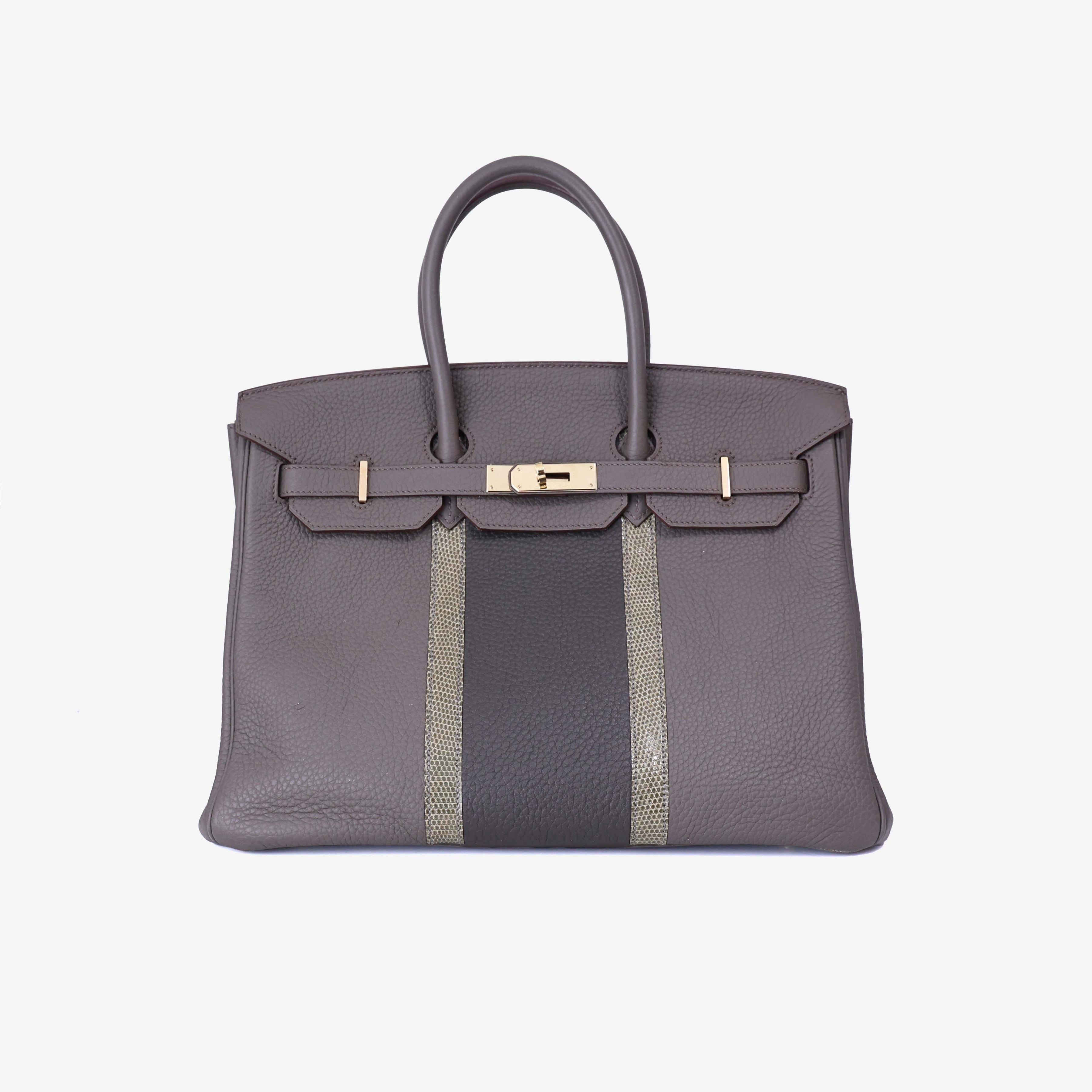 Hermès Birkin 35 in Grey Togo Leather with Lizard Stripes with Gold Hardware front view