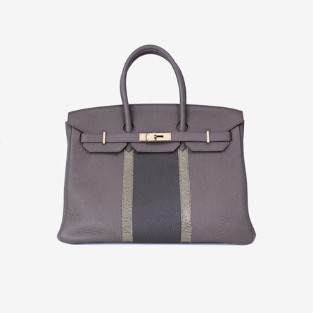 Hermès Birkin 35 in Grey Togo Leather with Lizard Stripes with Gold Hardware front view