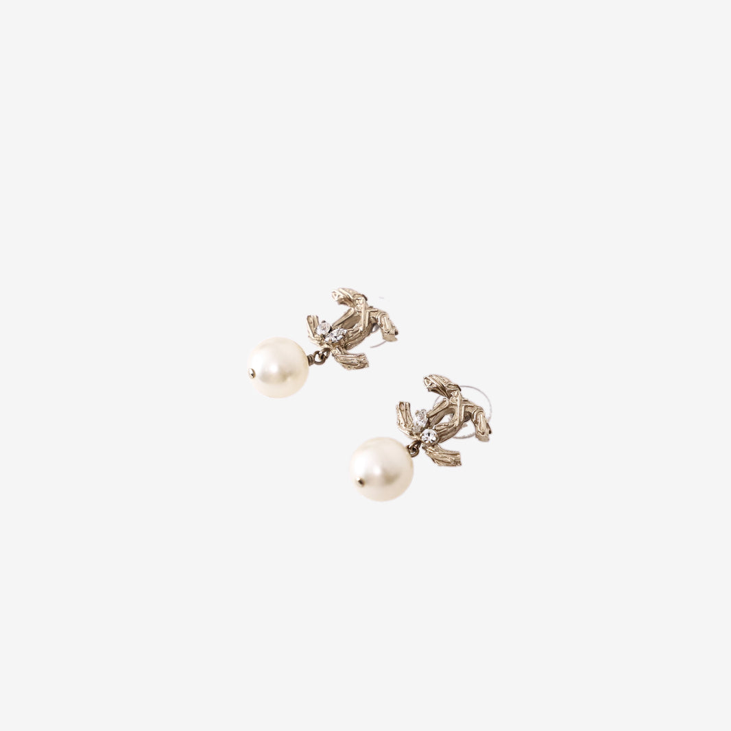 Chanel CC Crystal Drop Earrings in Gold-Tone Metal with Faux Pearl