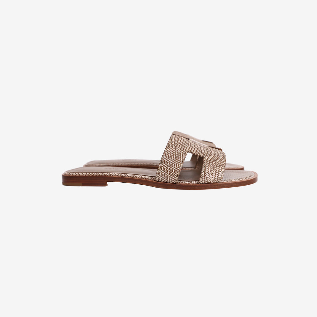 Hermès Oran Sandals in Beige Argile Lizard Leather (Size 37.5)
