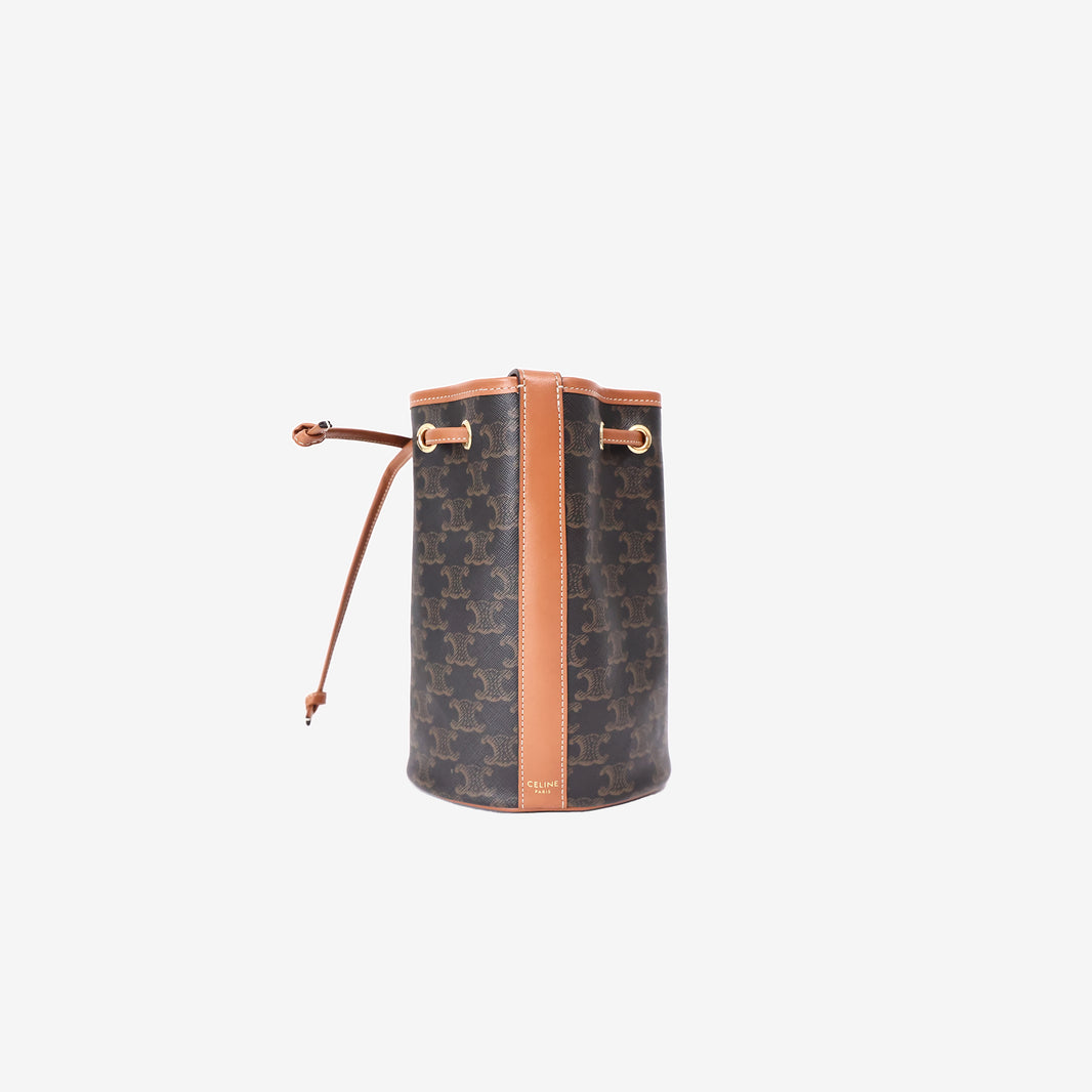 Celine Small Bucket Bag in Triomphe Canvas and Calfskin Leather with Gold Hardware side view