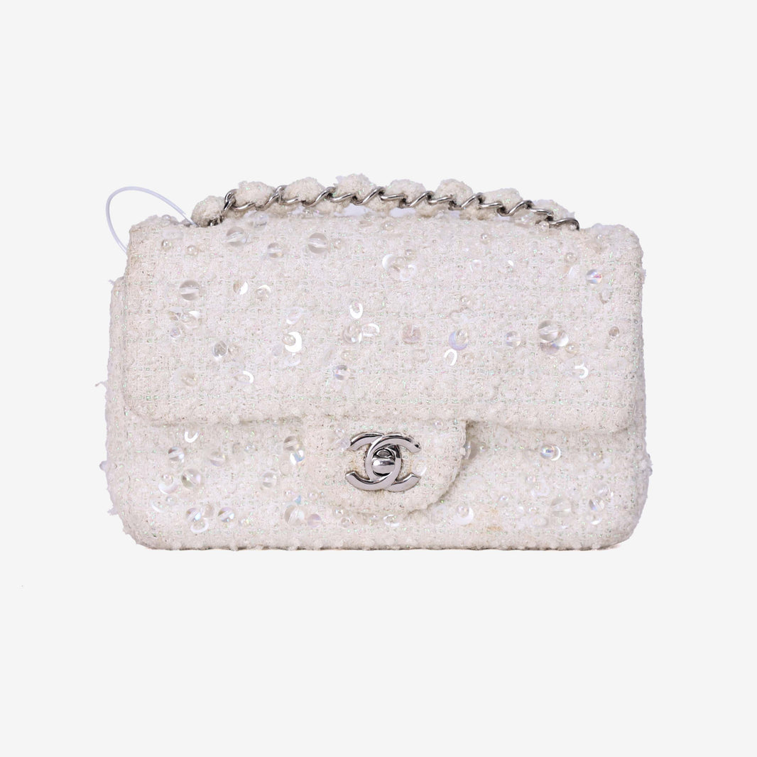 Chanel Tweed Beaded Mini Rectangular Flap in White Tweed with Silver Hardware front view