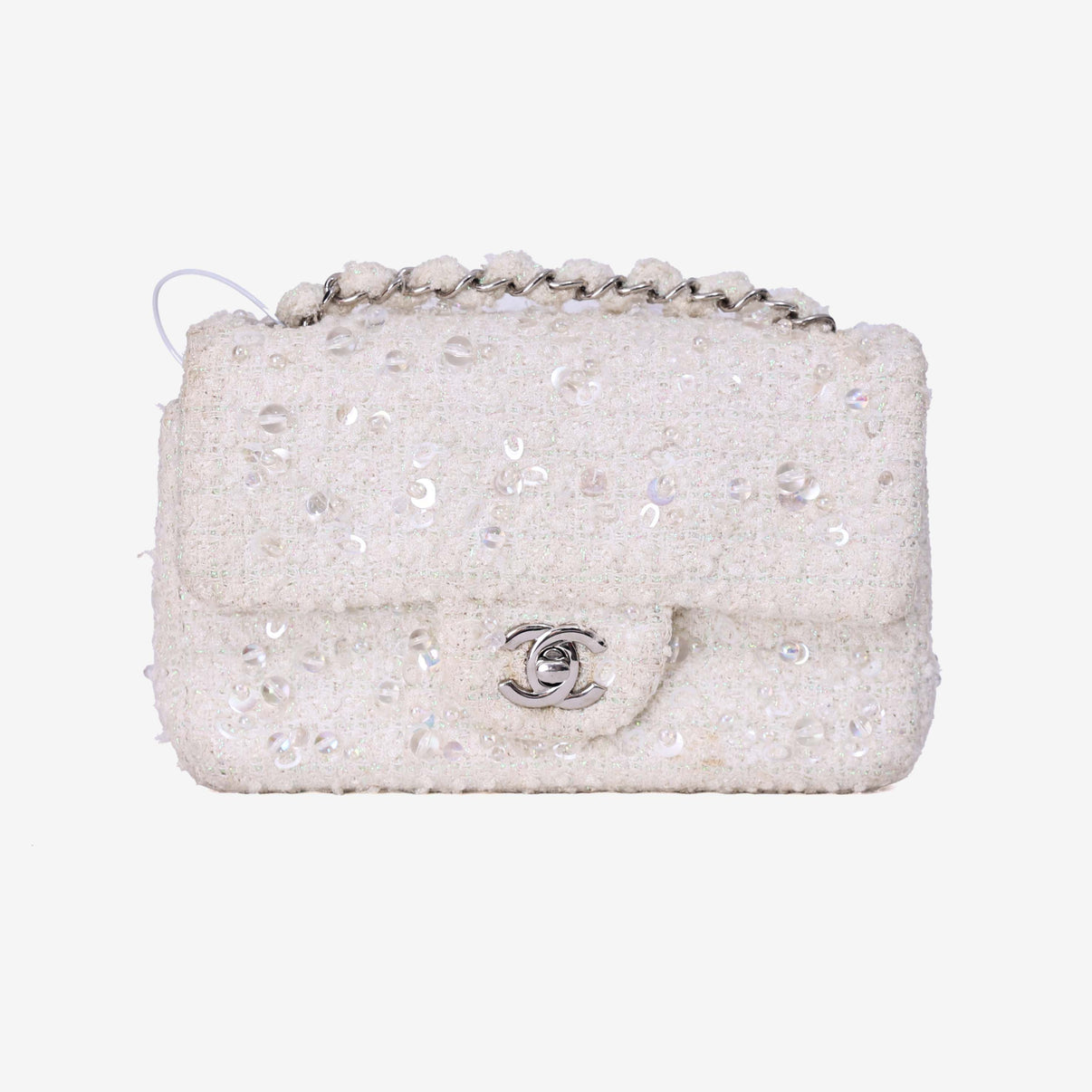 Chanel Tweed Beaded Mini Rectangular Flap in White Tweed with Silver Hardware front view