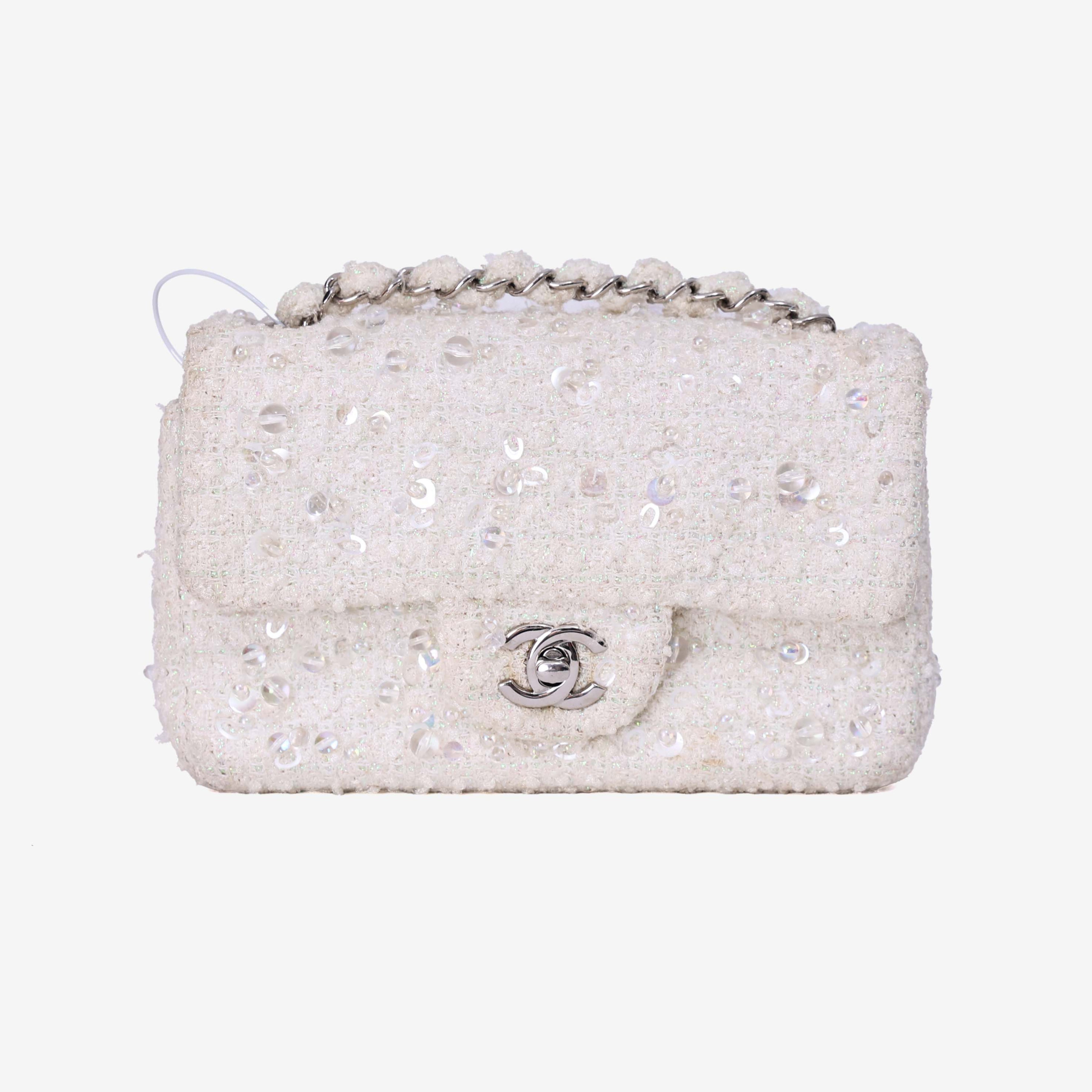 Chanel Tweed Beaded Mini Rectangular Flap in White Tweed with Silver Hardware front view