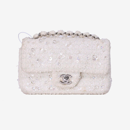 Chanel Tweed Beaded Mini Rectangular Flap in White Tweed with Silver Hardware front view