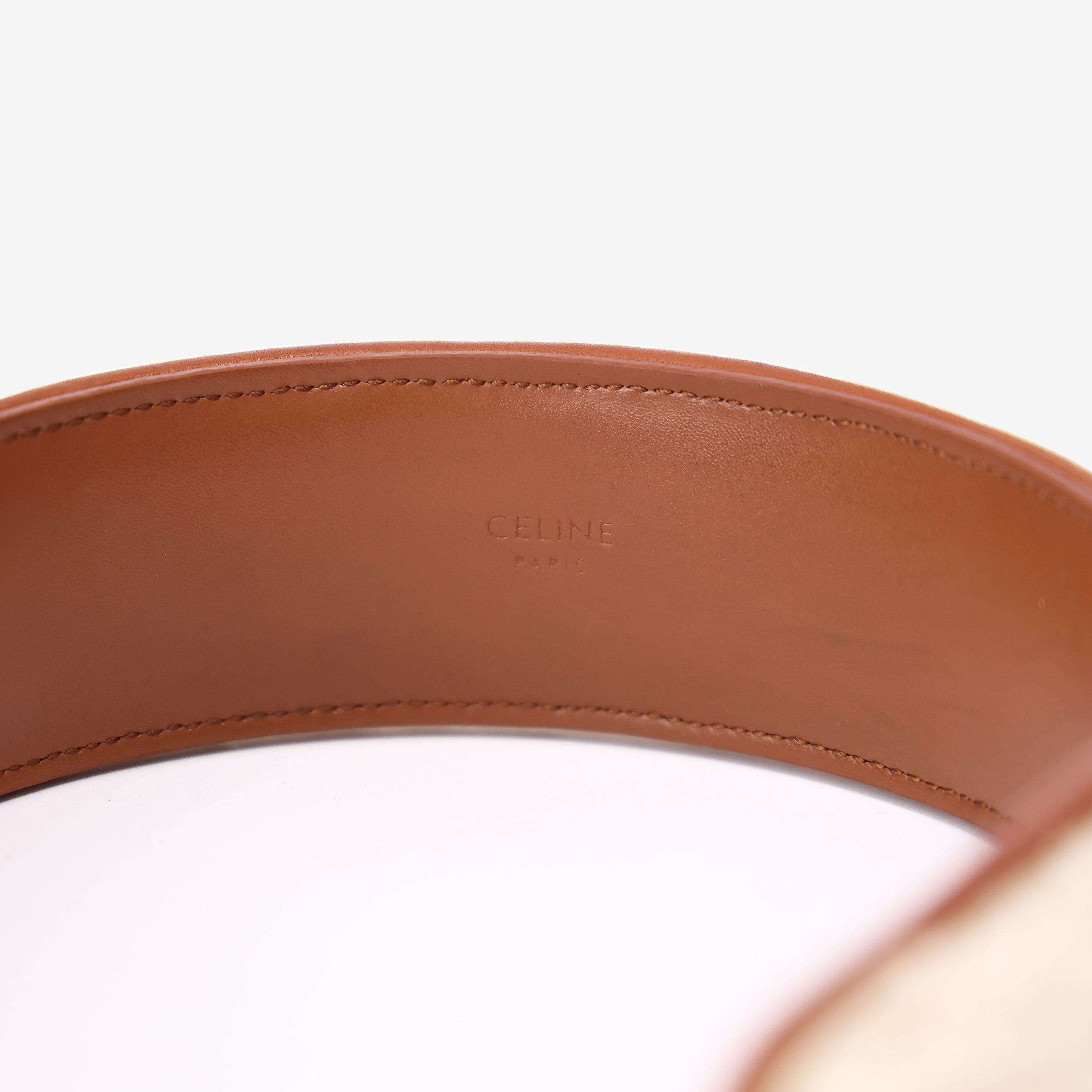 Celine Triomphe Headband in White Shearling and Sheepskin with Gold Hardware detail view