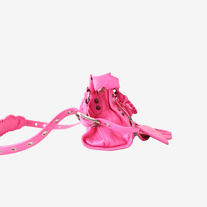 Balenciaga Neo Cagole City Bag in Fluorescent Pink Crinkled Lambskin Leather with Silver Hardware