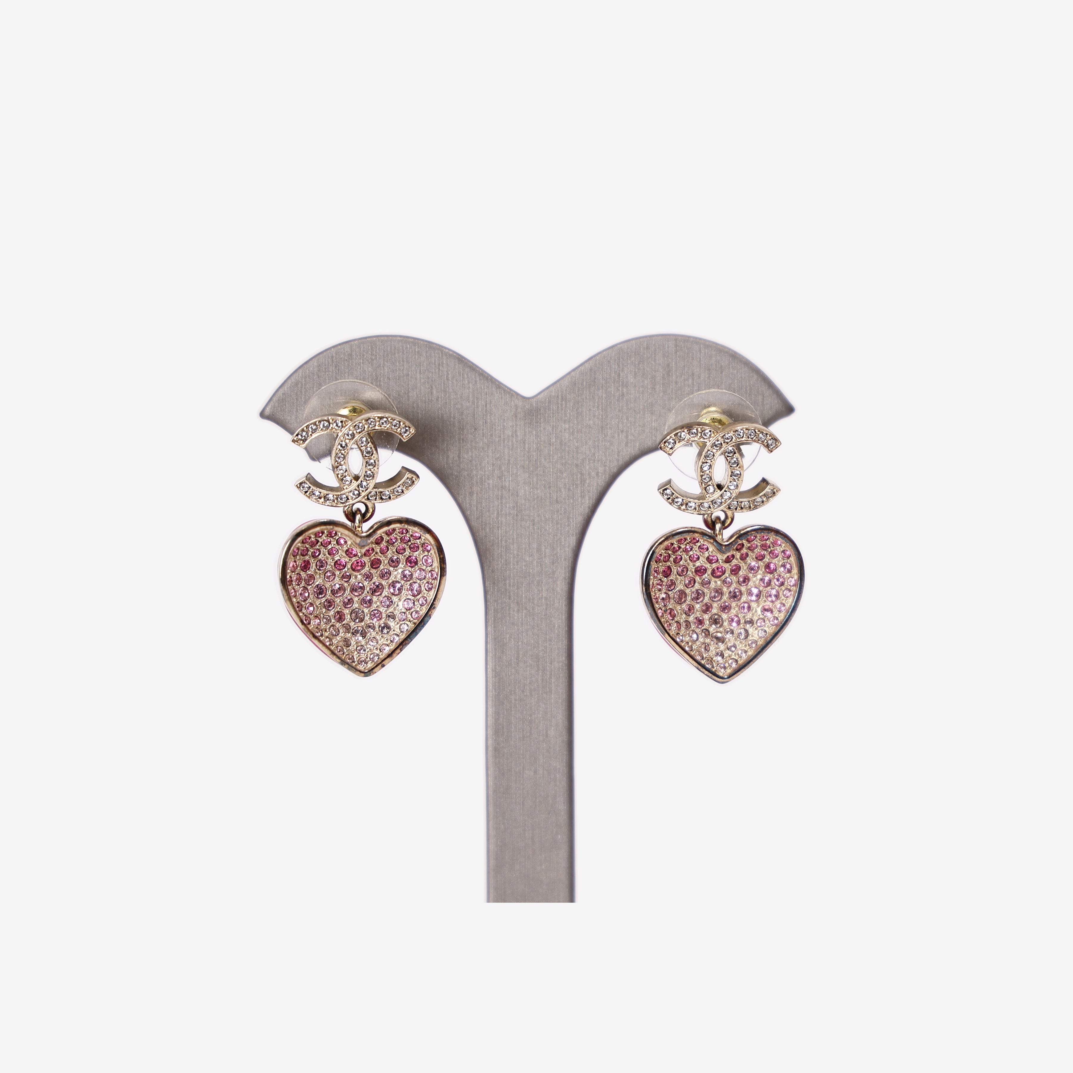 Chanel Crystal CC Resin Heart Drop Earrings in Pink Resin with Gold Hardware detail front view