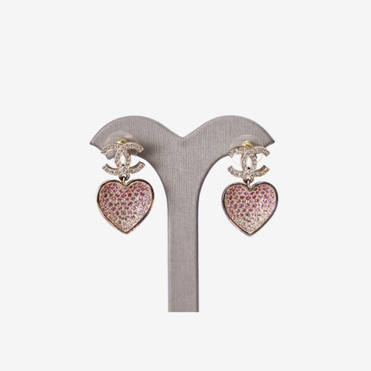 Chanel Crystal CC Resin Heart Drop Earrings in Pink Resin with Gold Hardware detail front view