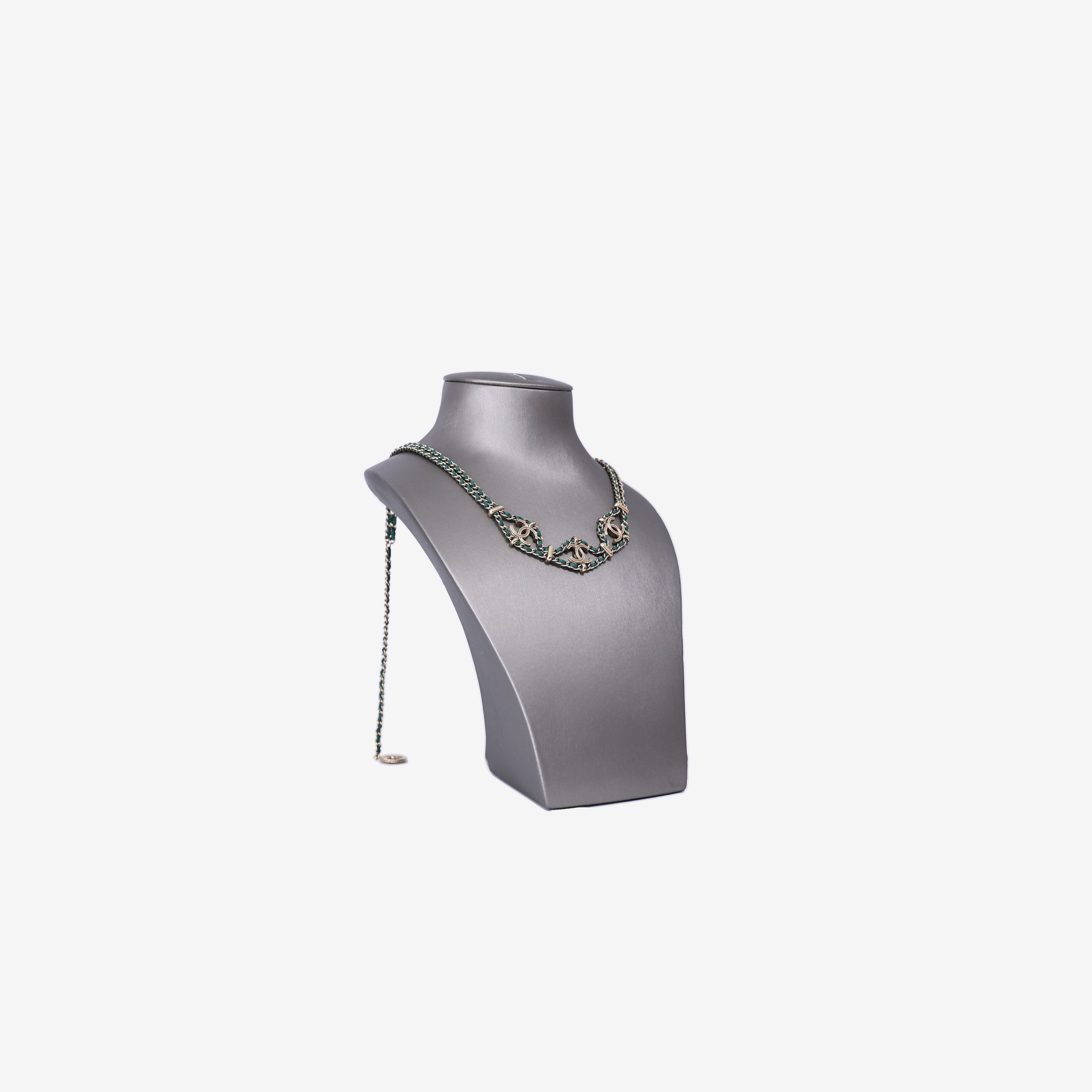 Chanel Leather CC Wrap Necklace in Green Leather with Gold Hardware side view