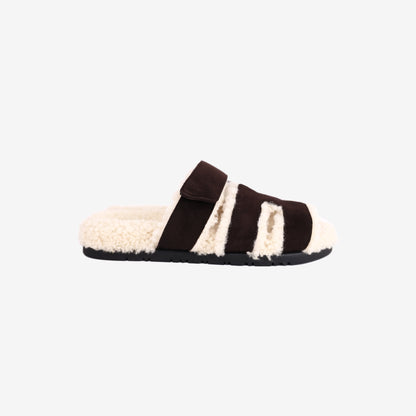 Hermès Chypre Sandals in Marron Ébène Suede Goatskin and Écru Shearling (Size 38.5)