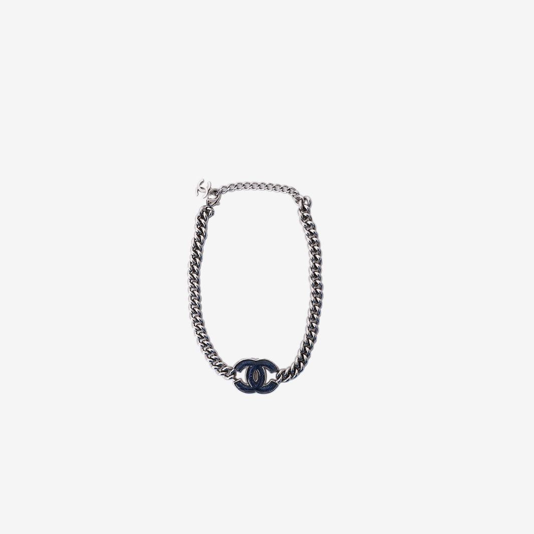 Chanel Necklace in Navy Blue Enamel with Silver Hardware